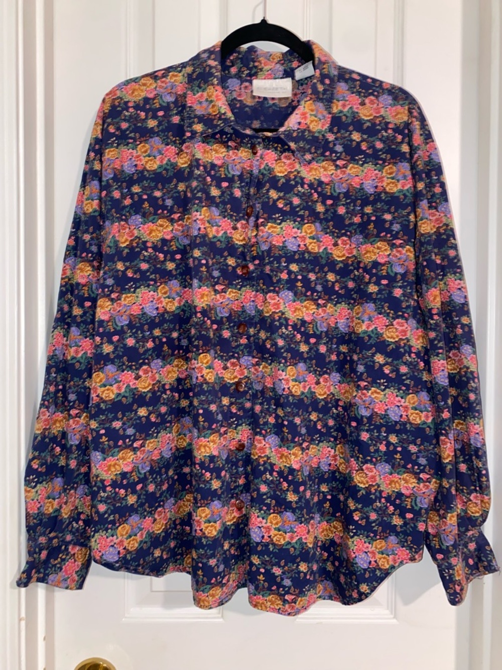 Liz Claiborne Navy Floral‎ Button-Up Shirt with Pink & Yellow Blooms